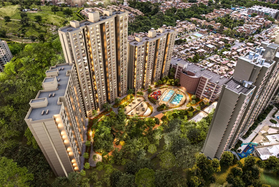 Render aéreo de las torres y las áreas verdes.
