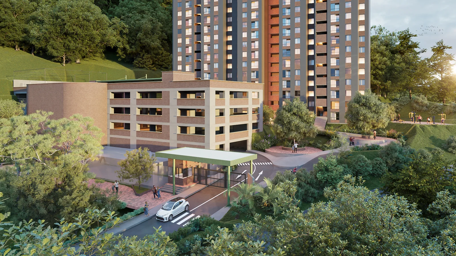 La Colina · visualización arquitectónica de la portería y acceso al conjunto