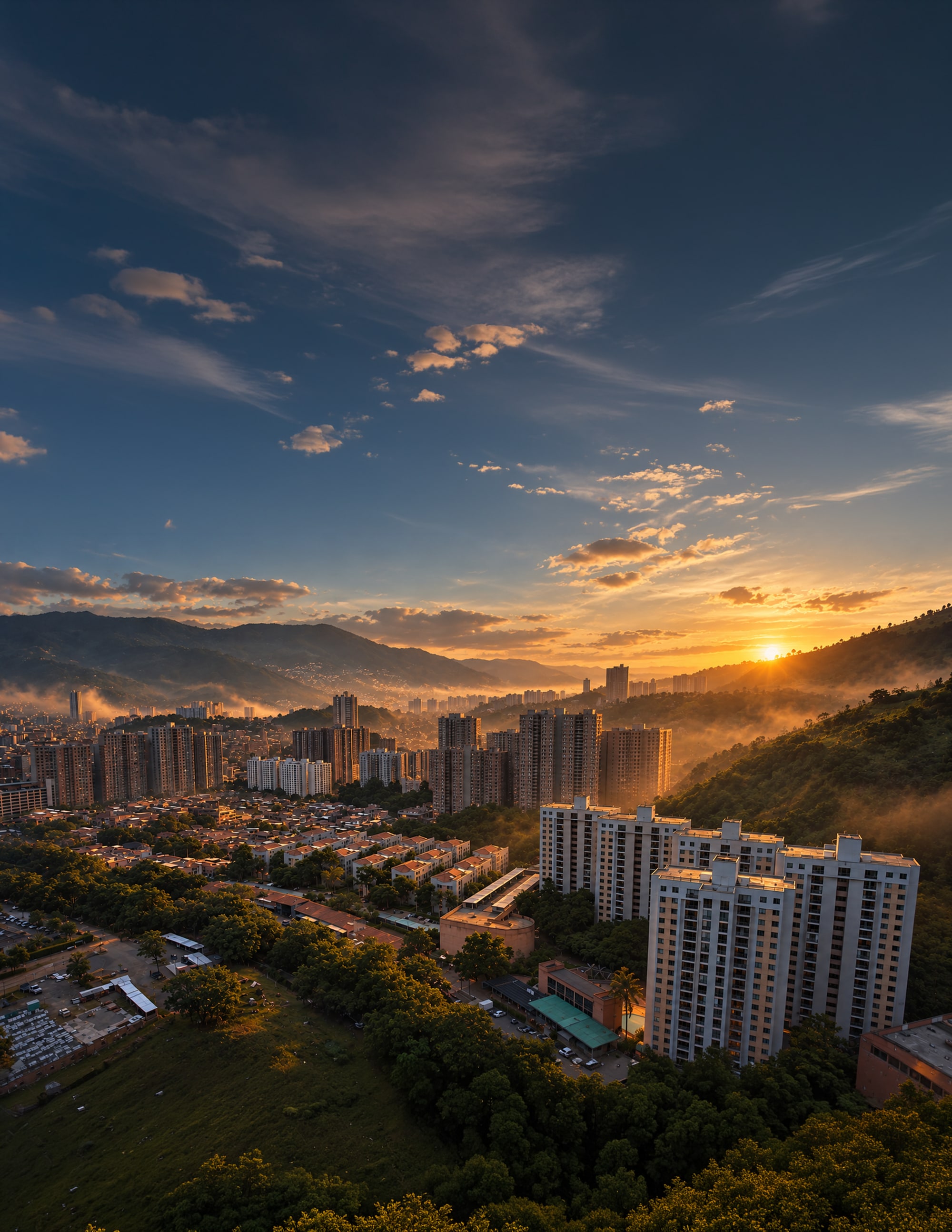 Vista de la ciudad y las montañas al atardecer